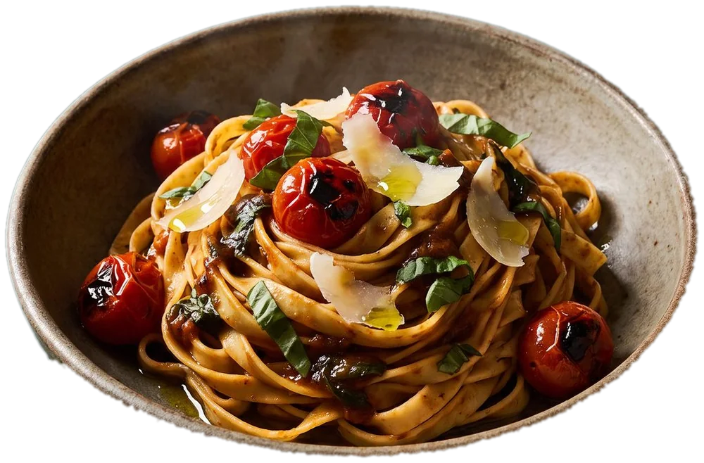 Een kom verse tagliatelle met tomaat, basilicum en parmezaan